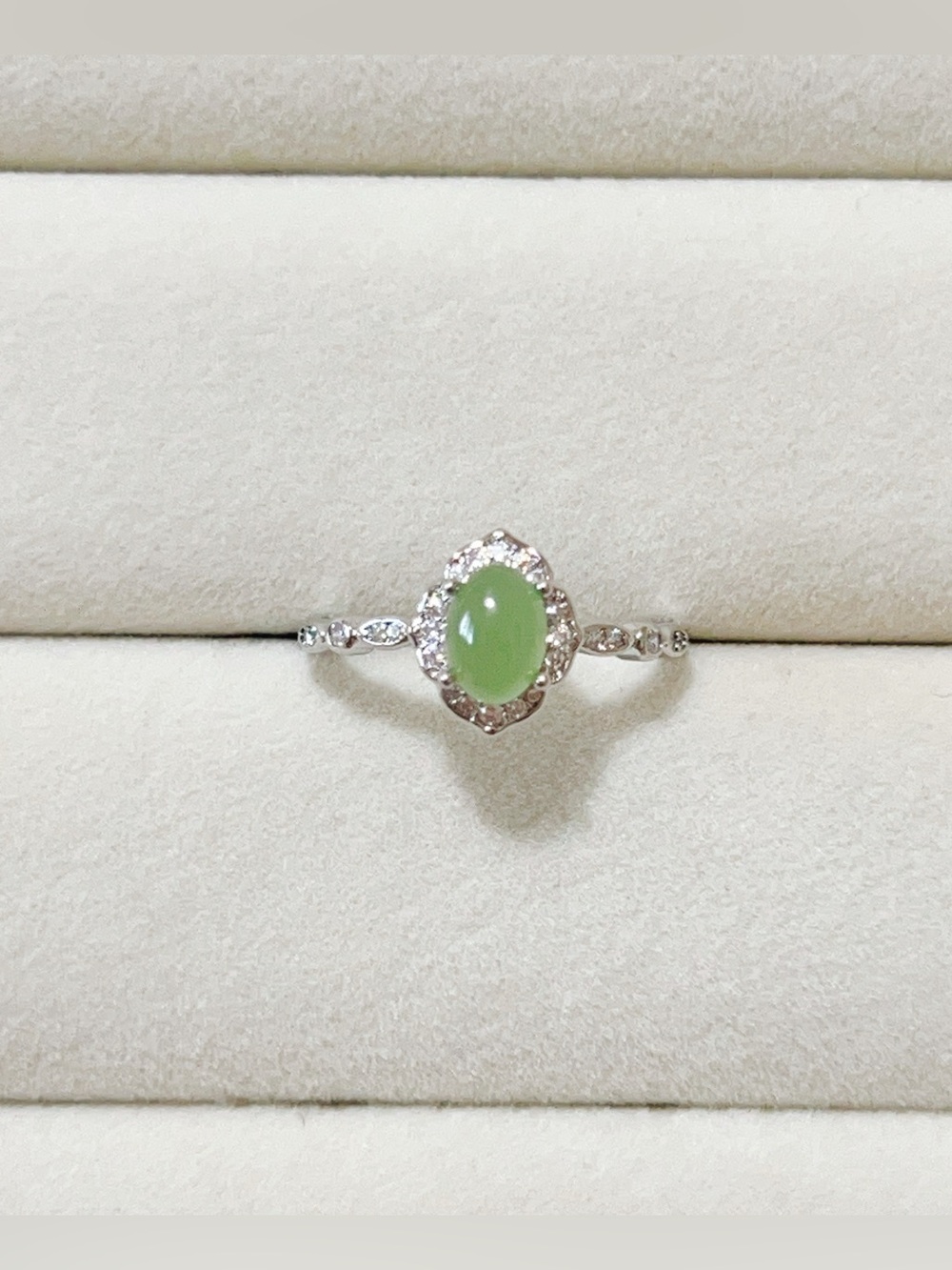 Natural Green Jade Dainty Ring Silver Plated Open Adjustable One Size